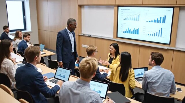 A diverse group of students and their instructor engaged in a lively classroom discussion