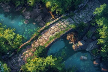 Stone bridge over water for DND map. Green foliage and rocks create game scene. Perfect for fantasy role play design.