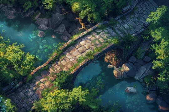 Stone bridge over water for DND map. Green foliage and rocks create game scene. Perfect for fantasy role play design.