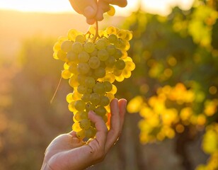 Close-up of a bunch of ripe green grapes held against a blurred vineyard backdrop at sunset