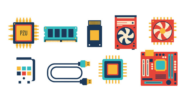 Collection of computer hardware components illustrated in a flat design style