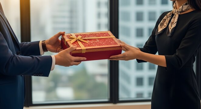 Gift Exchange in Corporate Setting: A formal exchange of gifts between two colleagues, symbolizing appreciation and collaboration, set within a professional office environment.