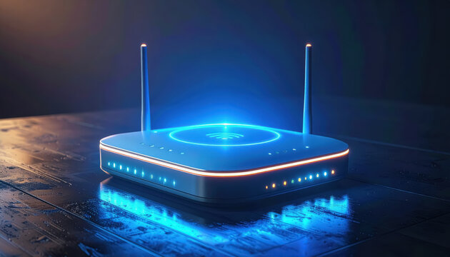 A sleek, modern wireless router with blue and orange glowing lights, on a wet, reflective surface, representing connectivity and internet.