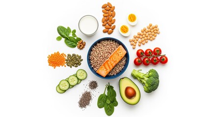 Balanced Diet Flat Lay with Quinoa, Salmon, Colorful Vegetables, Nuts, and Eggs for Healthy Eating