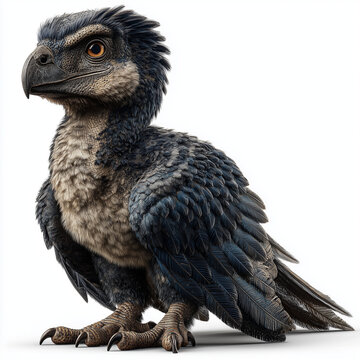 Realistic Microraptor feathered dinosaur with wings isolated on white background