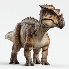 Fototapeta premium A striking, medium-sized ceratopsian-like dinosaur, adorned with a highly spiked frill and a body patterned with brown and tan stripes, stands proudly facing right on a white background.