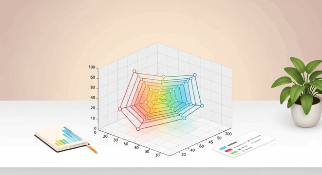 A 3D radar chart and a notebook with charts on a desk with a plant
