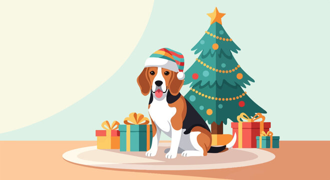 A beagle wearing a Santa hat sits by a Christmas tree and presents