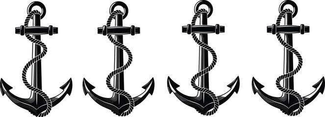 Silhouettes of four identical anchors with rope wrap in horizontal layout for nautical and maritime design themes © MdMahmudul