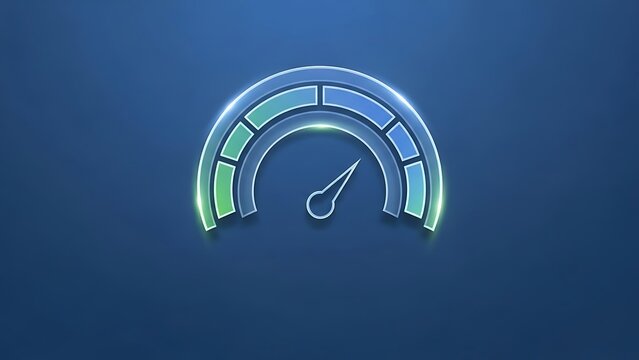 Glowing digital performance indicator gauge with multicolored segments shows measurement progress against a dark blue background