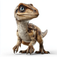 Naklejka premium An endearing, digitally rendered baby velociraptor with captivating blue eyes gazes inquisitively at the camera, standing confidently on a brilliant white background.