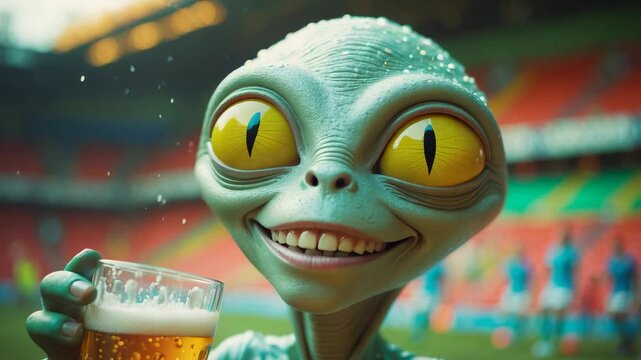 Funny green alien enjoying a beer while watching a soccer match in a stadium filled with colorful seats