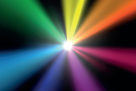Radiant white lightburst with multicolor rays on dark dramatic background