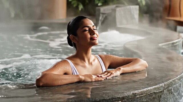 Relaxed woman with eyes closed enjoys a steamy, bubbly hot tub with lush greenery behind