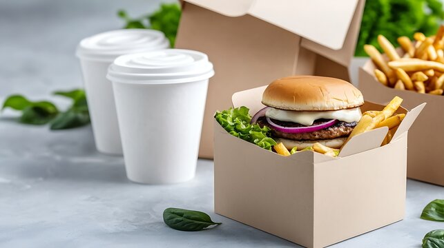 Classic American fast food combo with juicy burger crispy fries and refreshing drinks in