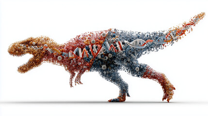 A stunning scientific illustration depicts a Tyrannosaurus Rex formed entirely from intricate, swirling DNA double helices and various cellular structures on a clean white background.