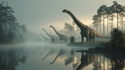 A serene herd of towering, long-necked dinosaurs, akin to Brachiosaurus, stands gracefully by the misty edge of a tranquil lake, surrounded by an ancient, fog-laden forest.