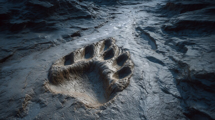 A remarkably preserved, colossal dinosaur footprint is deeply impressed into the textured, muddy terrain, hinting at the immense size and ancient passage of a prehistoric creature.