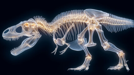 A luminous, transparent skeleton of a Tyrannosaurus Rex glows with an ethereal light against a dark, mysterious background, showcasing its intricate bone structure.