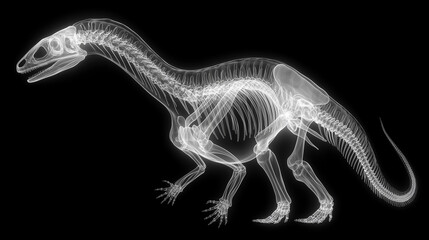 A detailed monochrome X-ray image reveals the intricate skeletal structure of an ancient dinosaur, highlighting its bones and the prehistoric anatomy with scientific precision.