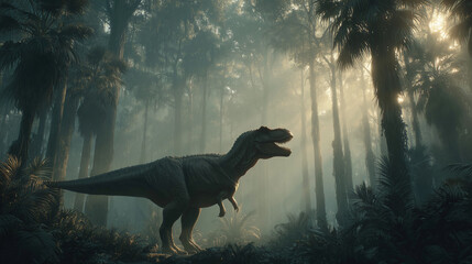 A formidable Tyrannosaurus Rex stands amidst a dense, lush prehistoric jungle, illuminated by ethereal sun rays piercing through the canopy during a misty sunrise.