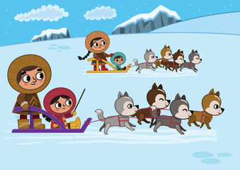 Arctic Family Dog Sled Clipart &ndash; North Pole Winter Illustration.A heartwarming illustration of an Arctic family traveling together by dog sled across a snowy North Pole landscape. 