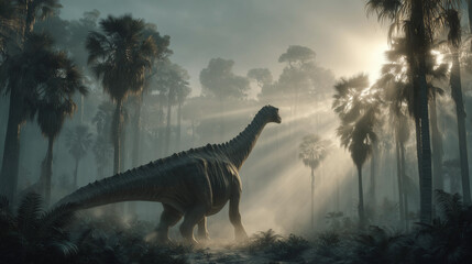 A majestic long-necked dinosaur stands gracefully amidst a mystical, fog-shrouded prehistoric forest, illuminated by ethereal sunbeams piercing through the dense canopy.