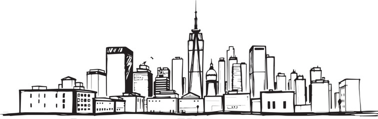 City landscape. Different buildings on street, outline cityscape hand sketch, flat houses. Hand drawn vector illustration