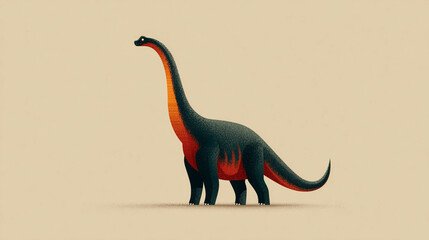 A vibrantly stylized, long-necked Brachiosaurus or Brontosaurus stands majestically on a minimalist light background, showcasing striking modern graphic design.