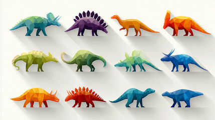 A diverse collection of twelve colorful low-poly geometric dinosaurs, including various species, are dynamically arranged in a playful grid pattern against a light background with subtle shadows.