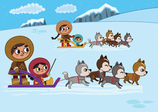 Arctic Family Dog Sled Clipart &ndash; North Pole Winter Illustration.A heartwarming illustration of an Arctic family traveling together by dog sled across a snowy North Pole landscape. 