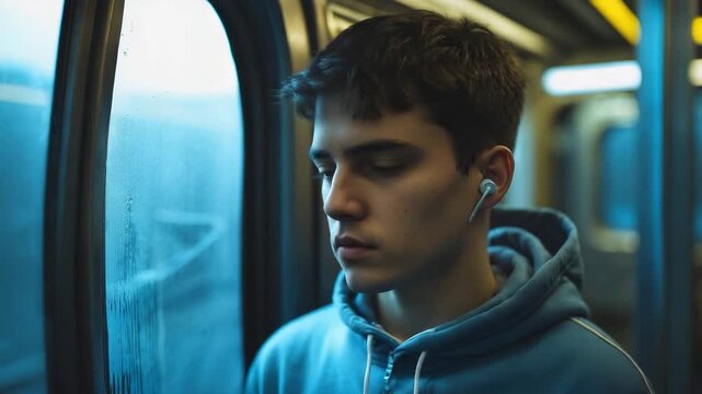 Young man listens to music on subway train while looking out the window in the evening