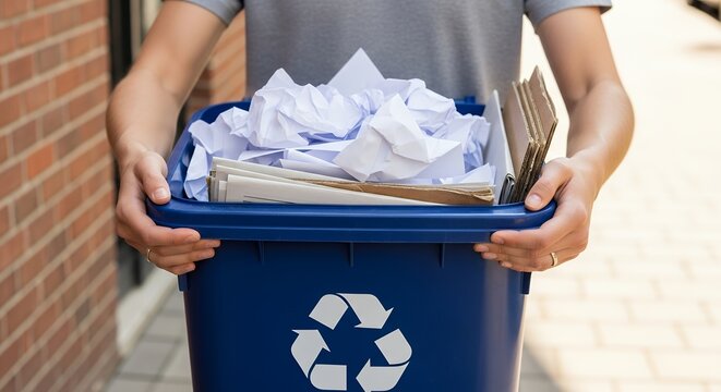 A person is holding a blue trash can with a white recycling symbol on it. The trash can is full of paper
