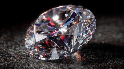 A magnificent, expertly cut diamond hovers above a dark surface, emitting vibrant blue and red starburst reflections from its facets, creating an ethereal and captivating glow.