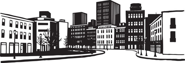 City landscape. Different buildings on street, outline cityscape hand sketch, flat houses. Hand drawn vector illustration