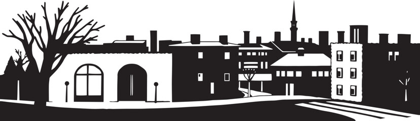 City landscape. Different buildings on street, outline cityscape hand sketch, flat houses. Hand drawn vector illustration