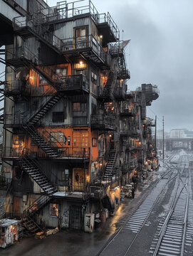 AI generator images of AI generator images of Traditional or industrial architectural design concepts; Container architecture: often located near industrial areas or railways to create a unique atmosp