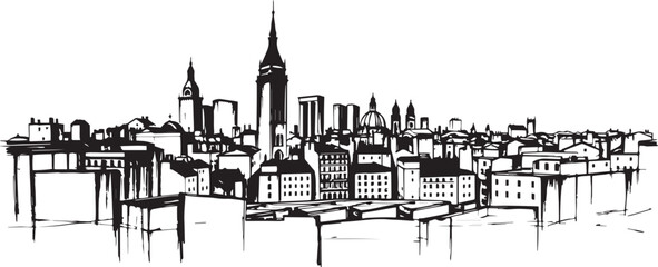 City landscape. Different buildings on street, outline cityscape hand sketch, flat houses. Hand drawn vector illustration