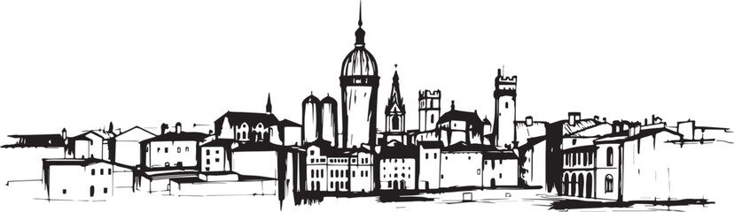 City landscape. Different buildings on street, outline cityscape hand sketch, flat houses. Hand drawn vector illustration