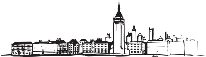 City landscape. Different buildings on street, outline cityscape hand sketch, flat houses. Hand drawn vector illustration