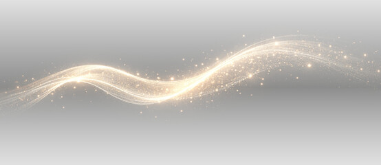 Golden glowing light wave with sparkling particles and luminous energy trail abstract elegant vector illustration on transparent background © Victoria
