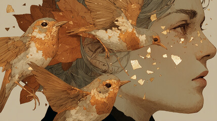 A detailed profile of a woman with thoughtful eyes, surrounded by intricately illustrated birds and shimmering golden flakes that enhance her features.