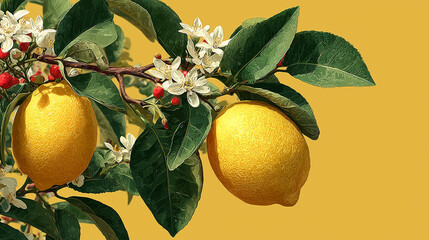 Two bright yellow lemons hang ripe on a leafy branch with delicate white blossoms and small red berries, set against a cheerful solid yellow background.