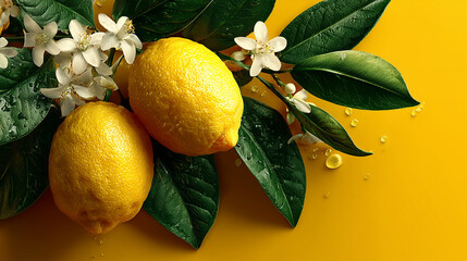 A captivating overhead view of two fresh yellow lemons nestled amongst lush green leaves and delicate white blossoms on a bright yellow surface with water droplets.