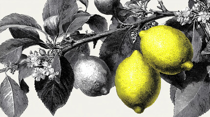 A unique artistic depiction of lemons on a branch with leaves and blossoms, rendered in classic black and white engraving style, with two lemons highlighted in vivid yellow.