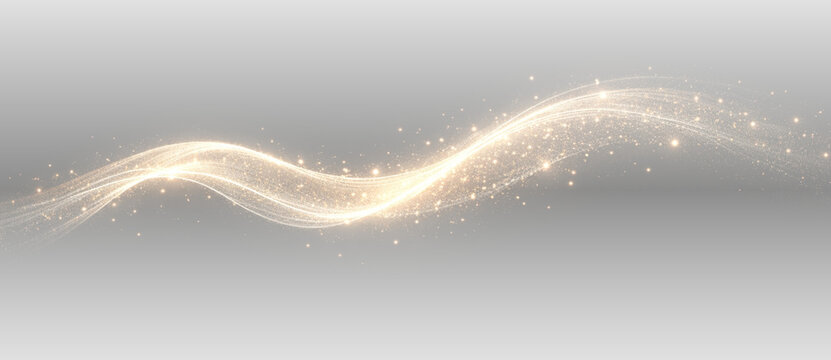 Golden glowing light wave with sparkling particles and luminous energy trail abstract elegant vector illustration on transparent background