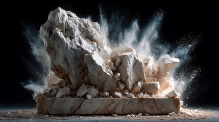 A large mass of light-colored, craggy rocks dramatically explodes outwards, sending a cloud of fine dust and smaller fragments into the air against a dark background.