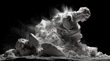 A graceful classical female statue emerges from or collapses into a dramatic cloud of white dust and crumbling rock fragments against a dark, somber background.