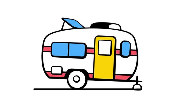 Camper van animated icon in hand drawn style, symbolizing travel, camping, and road trips.