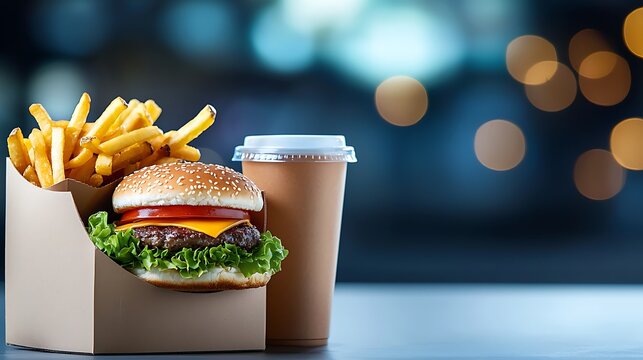 Delicious classic fast food combo meal with cheeseburger, french fries, and a drink ready to be